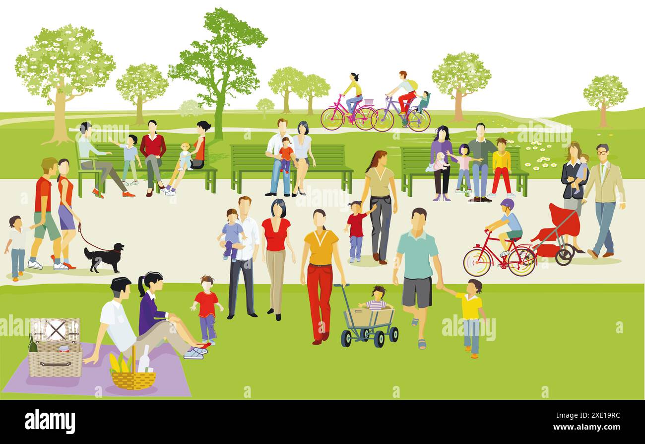 Le famiglie hanno un riposo nel parco, illustrazione Foto Stock