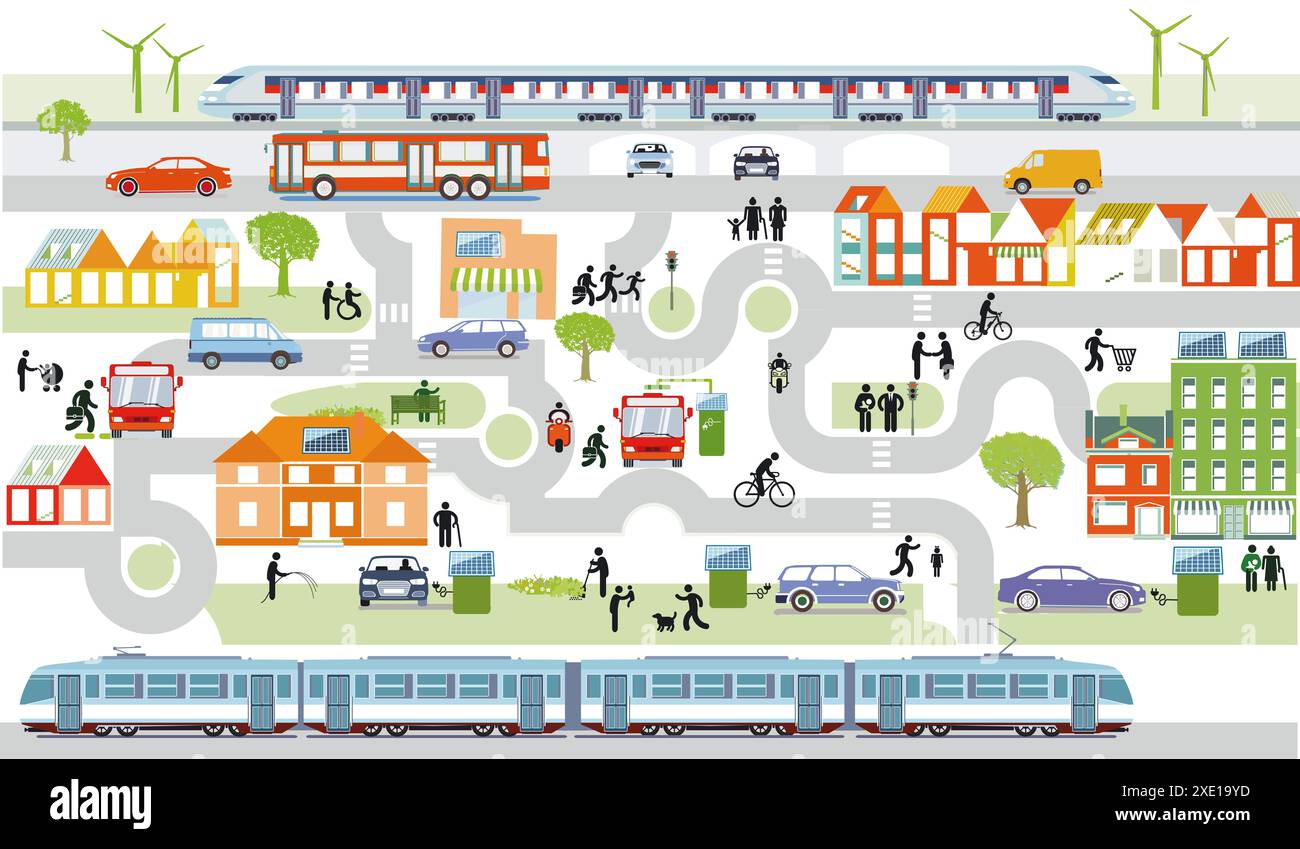 Panoramica della città con traffico e case, illustrazione delle informazioni Foto Stock