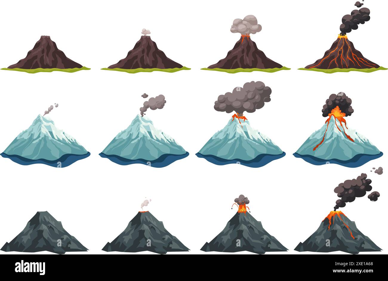 Fasi di eruzione vulcanica. Animazione dell'eruzione vulcanica delle montagne, vulcano magma lava che scorre giù dal cratere fuoco fiamma fumo nube di cenere, fase di disastro naturale ingegnoso illustrazione vettoriale Illustrazione Vettoriale