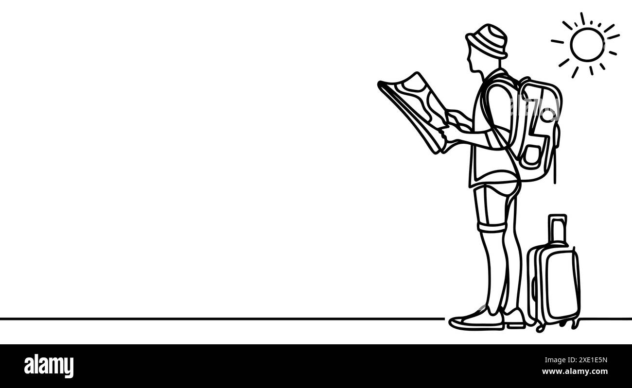 Disegno a una sola linea. Escursionista o viaggiatore che guarda una mappa. Avventura su terreni montuosi. Escursioni, turismo avventura, viaggi. Illustrazione vettoriale. Illustrazione Vettoriale