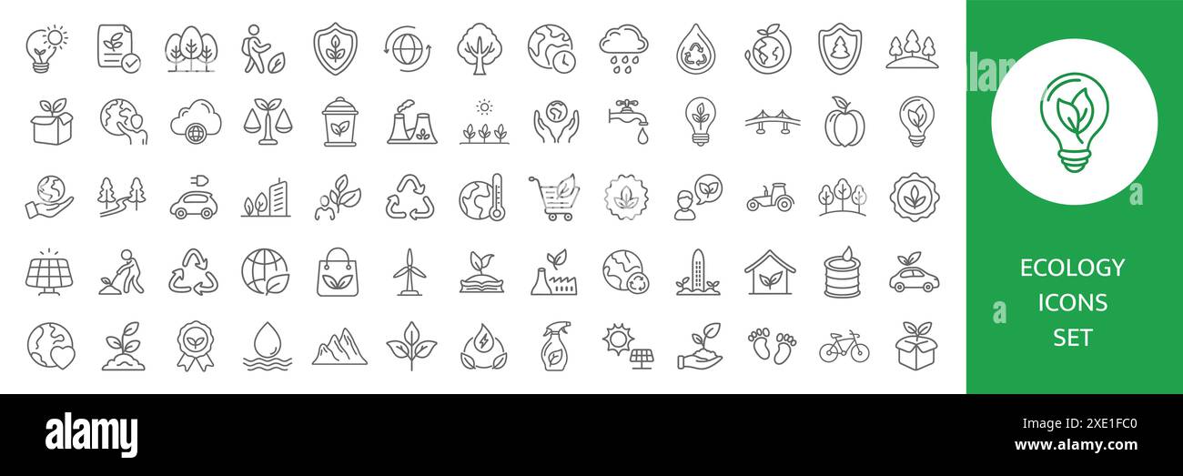 Semplice serie di icone di linea vettoriali ecologiche su bianco. Illustrazione Vettoriale