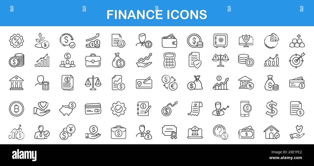 Set di icone finanziarie e business line. Pacchetto di icone con contorno sottile Illustrazione Vettoriale
