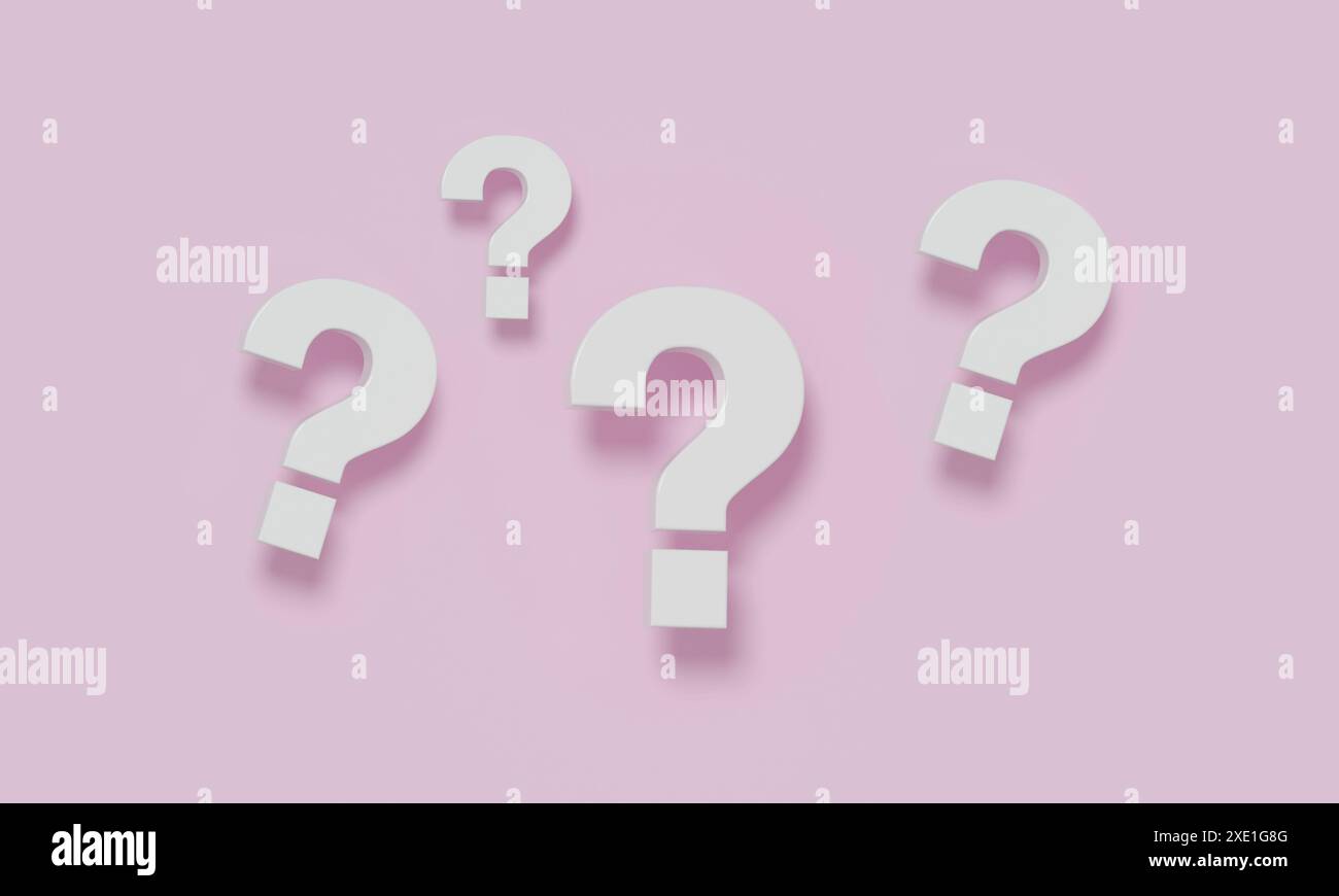 Immagine minimalista con diversi punti interrogativi bianchi sparsi su uno sfondo rosa tenue, a simboleggiare l'inquietudine, la curiosità e l'incertezza. Foto Stock