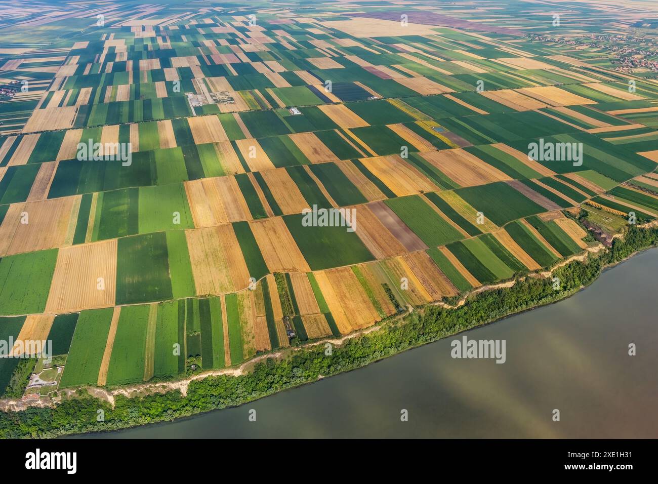 Vista aerea di campi sulla riva del Danubio Foto Stock