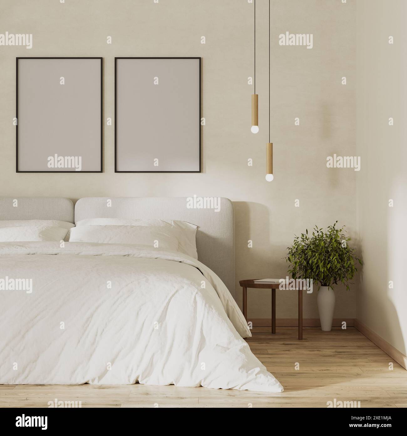 Le cornici a poster sono riprodotte sopra il letto in moderni interni della camera da letto, con rendering 3d. Foto Stock