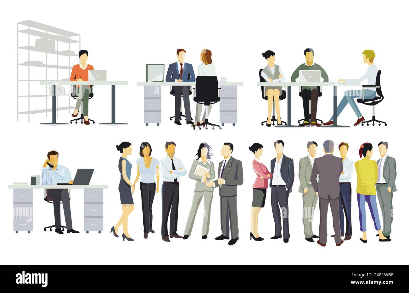 Lavoro in ufficio alla scrivania, discussione dei dipendenti, illustrazione Foto Stock