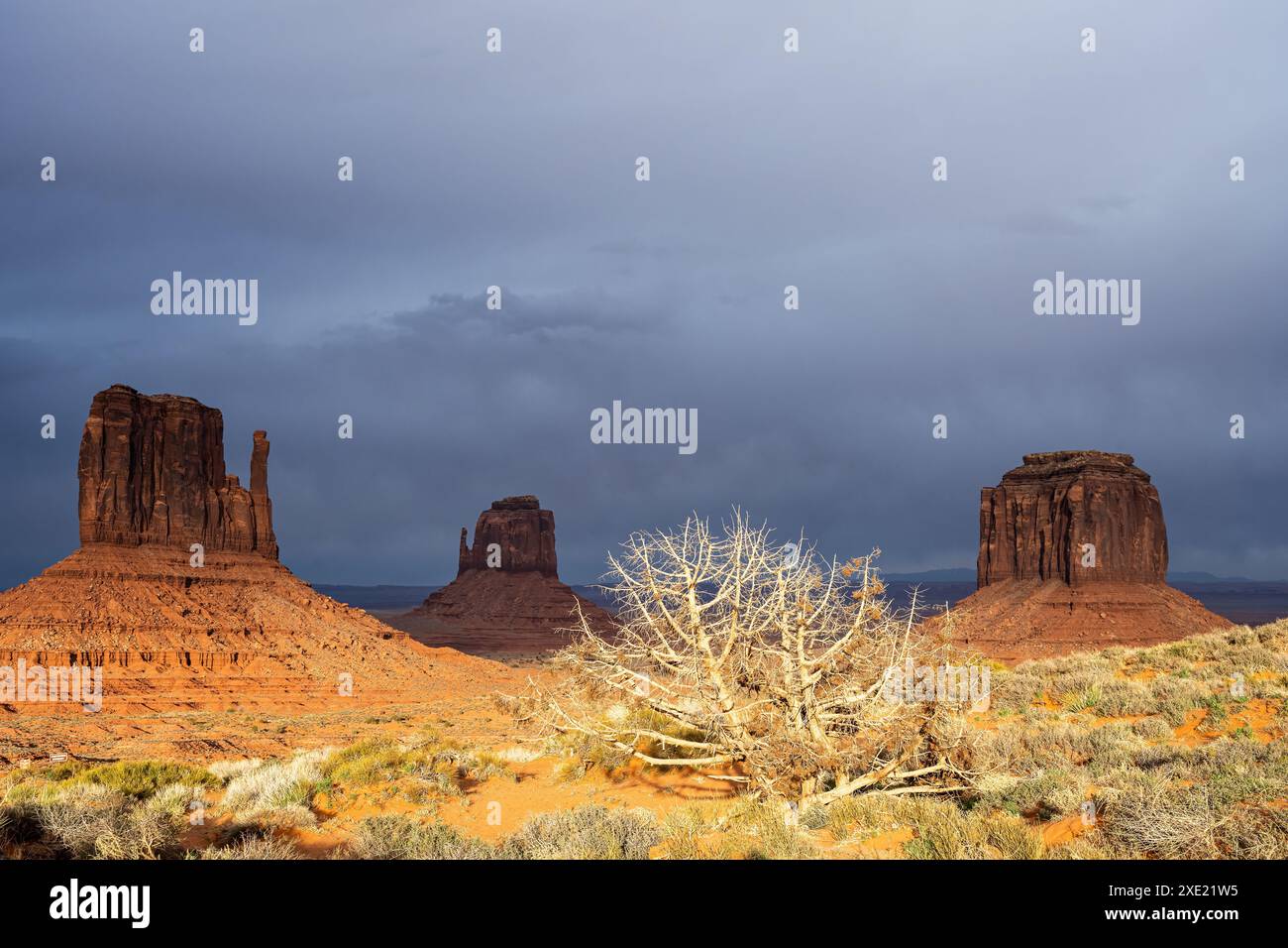 La famosa Monument Valley negli Stati Uniti con un cielo molto scuro Foto Stock