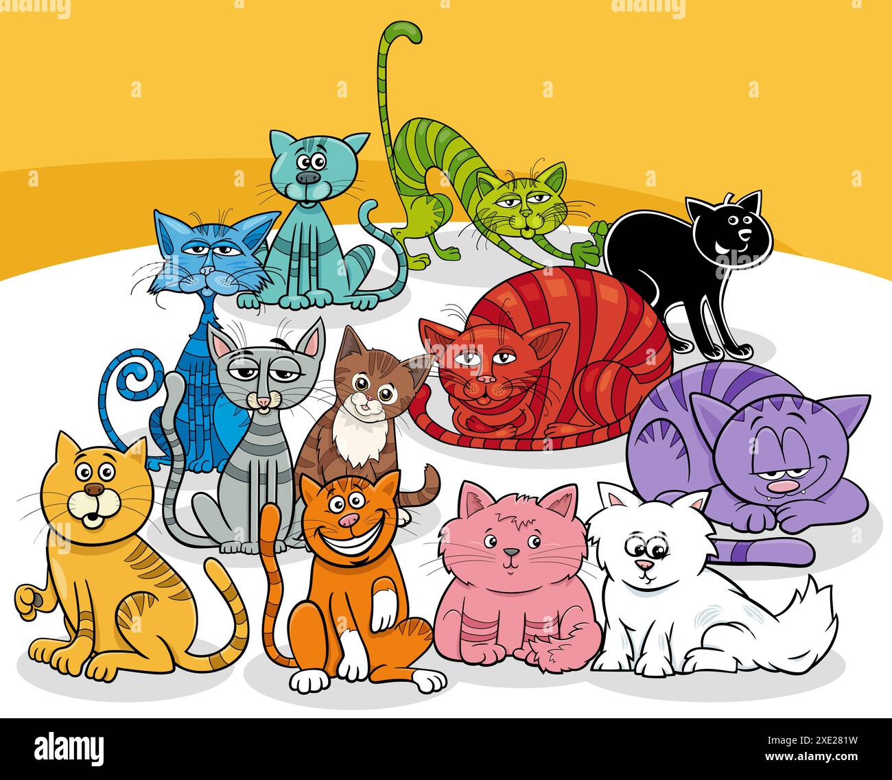 Gruppo di personaggi animati e gattini colorati Foto Stock