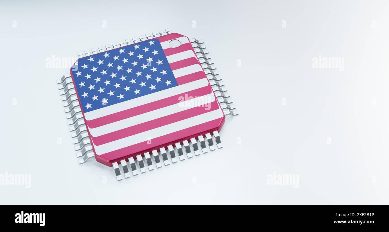 rendering 3d di chip microchip o semiconduttori nei paesi bandiera, per la supply chain informatica o tecnologica. Foto Stock