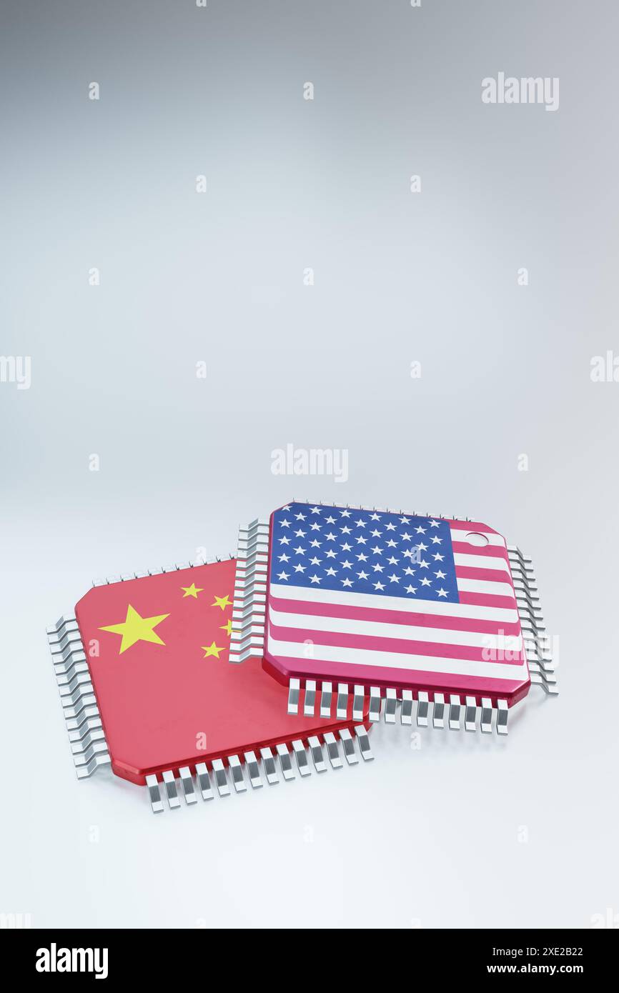 rendering 3d di chip microchip o semiconduttori nei paesi bandiera, per la supply chain informatica o tecnologica. Foto Stock