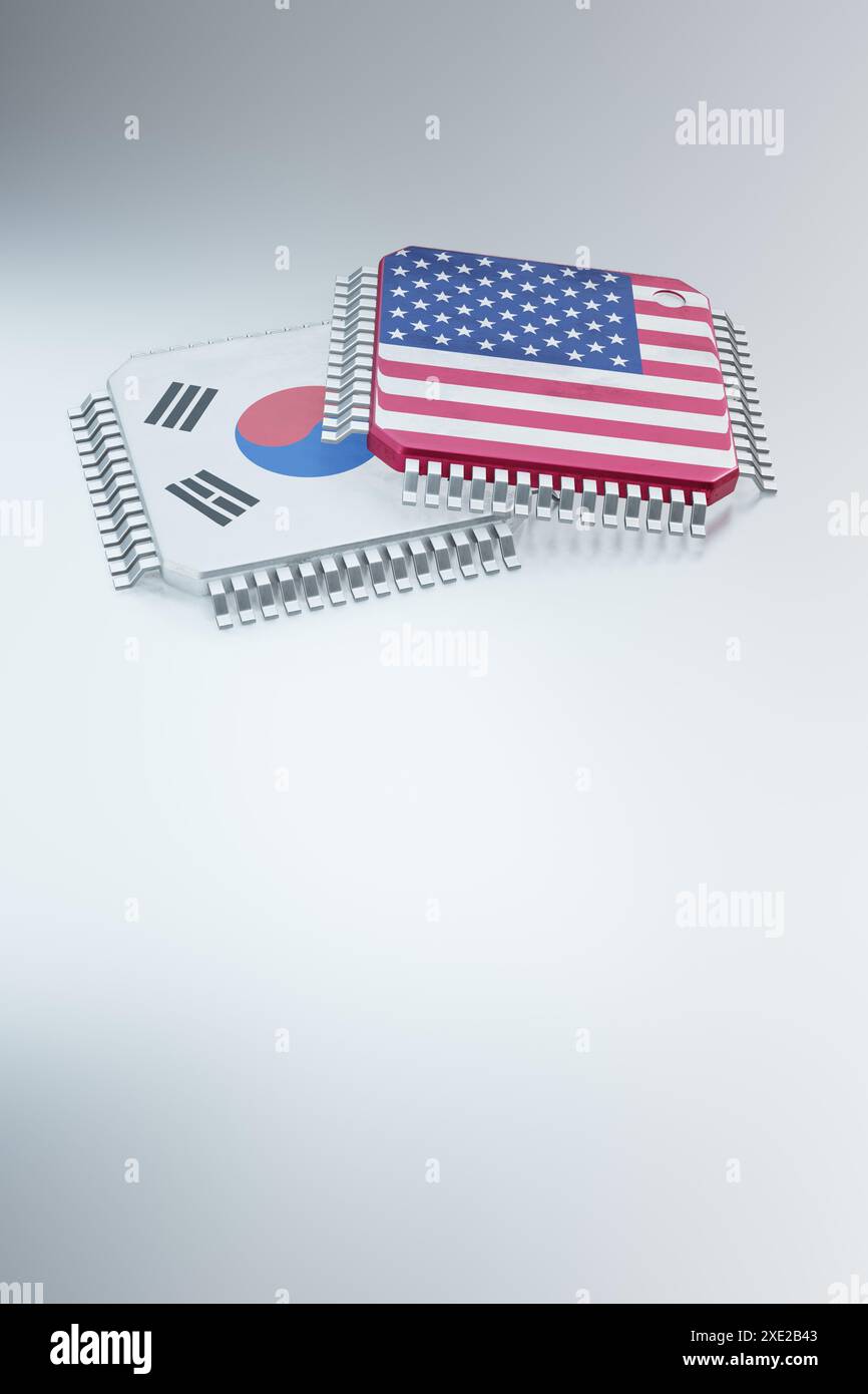 rendering 3d di chip microchip o semiconduttori nei paesi bandiera, per la supply chain informatica o tecnologica. Foto Stock