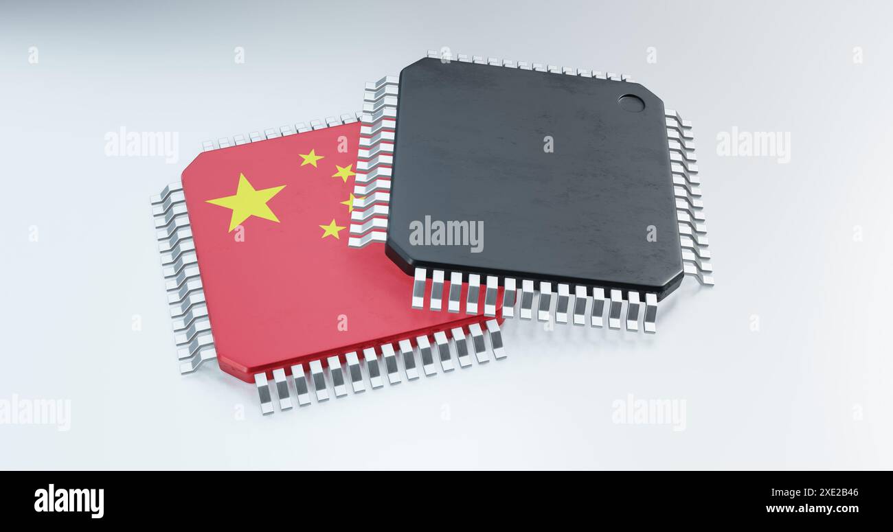 rendering 3d di chip microchip o semiconduttori nei paesi bandiera, per la supply chain informatica o tecnologica. Foto Stock