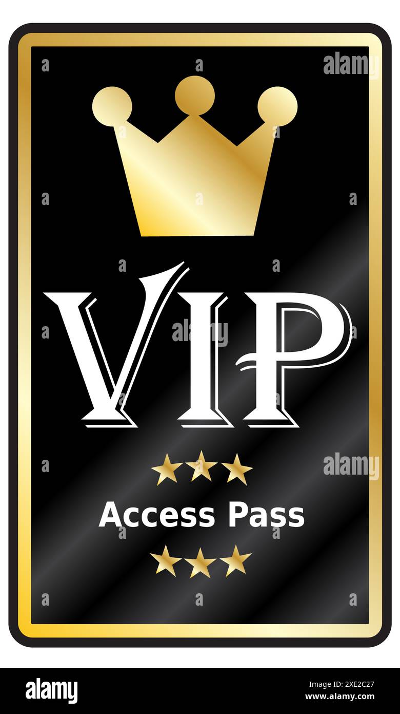Pass di accesso VIP, corona d'oro e stelle con testo bianco su sfondo nero sfumato isolato su bianco Illustrazione Vettoriale