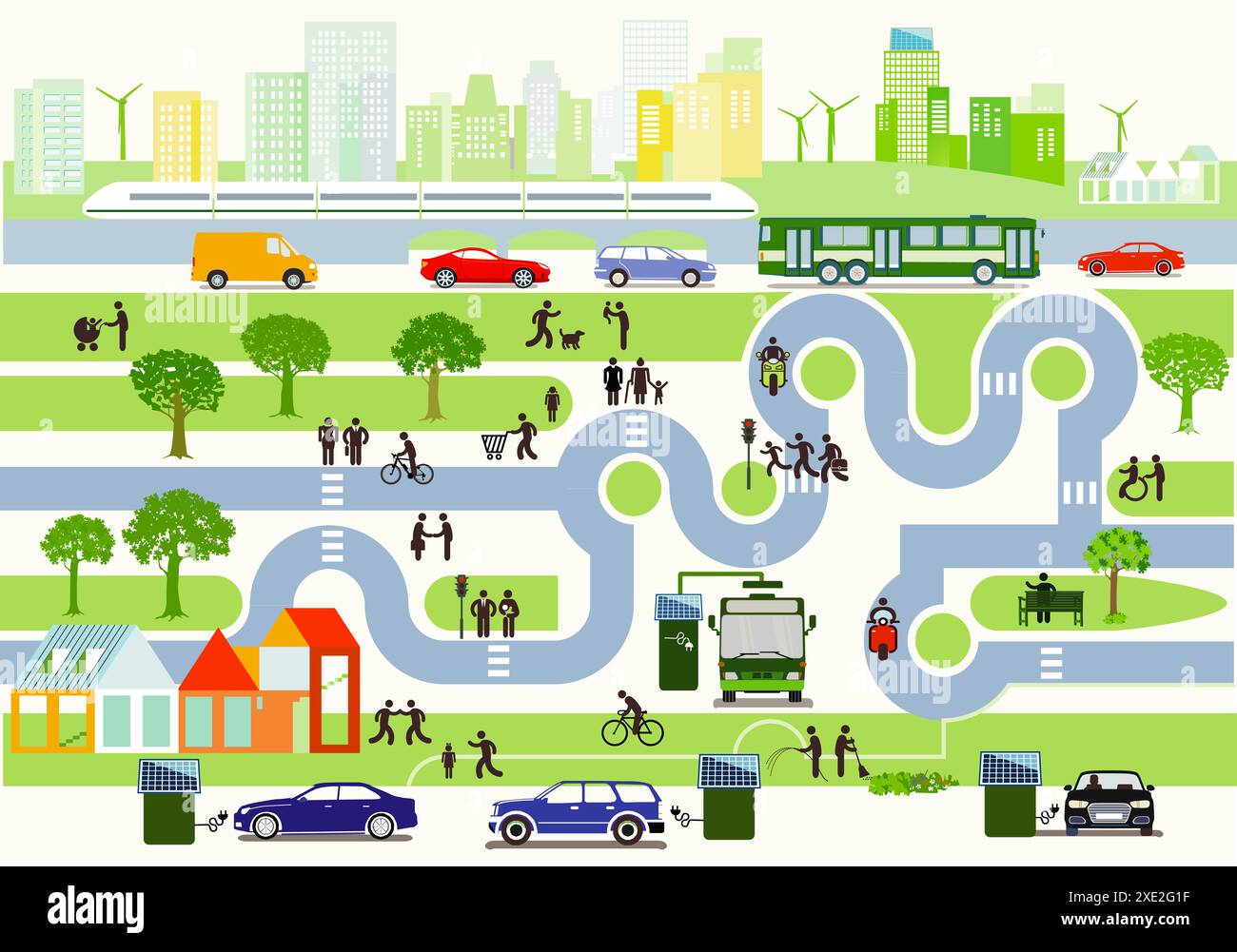 Panoramica della città con traffico e case, illustrazione delle informazioni Foto Stock