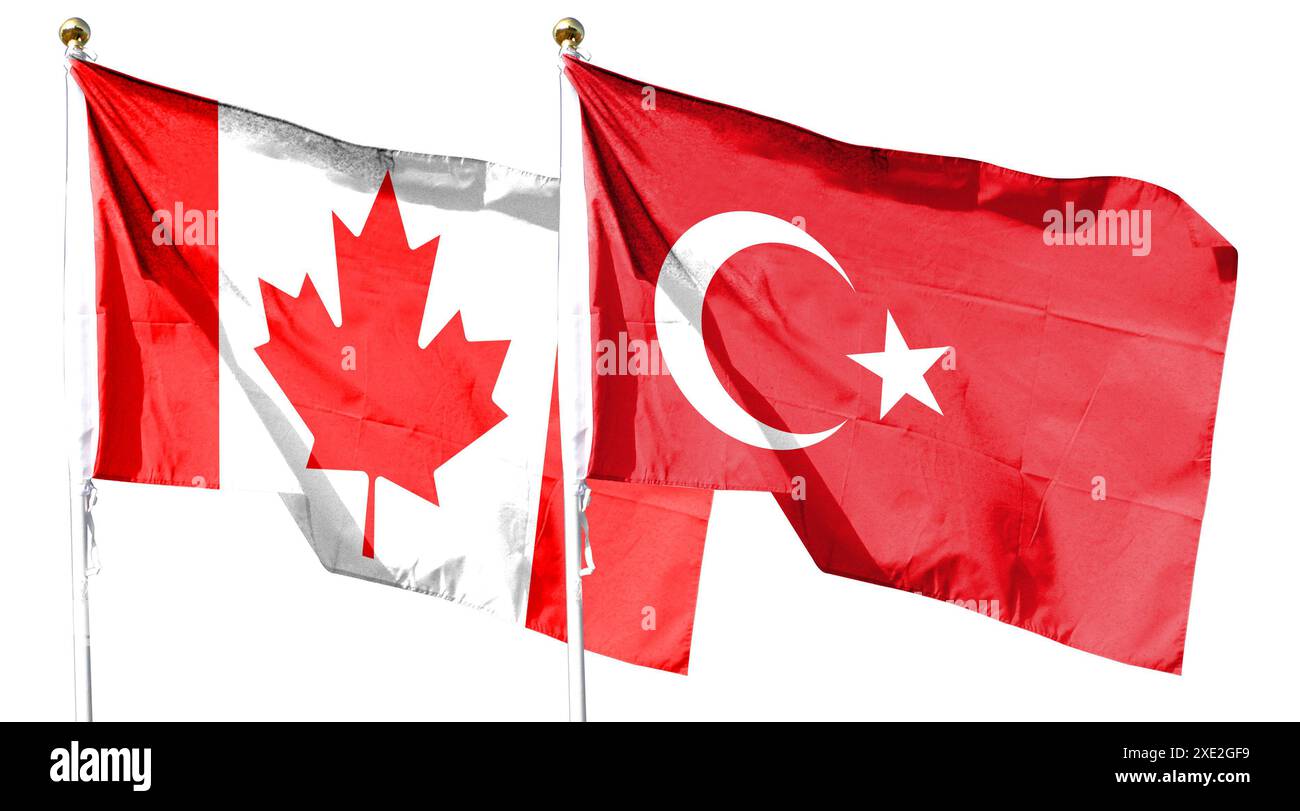 Bandiera turca e bandiera canadese sul cielo nuvoloso. svolazzando nel cielo Foto Stock