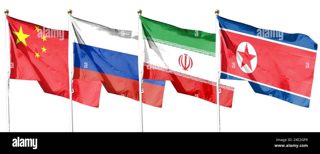 La bandiera russa, la bandiera cinese, la bandiera coreana settentrionale e la bandiera iraniana ondeggiano sulla nuvola Foto Stock