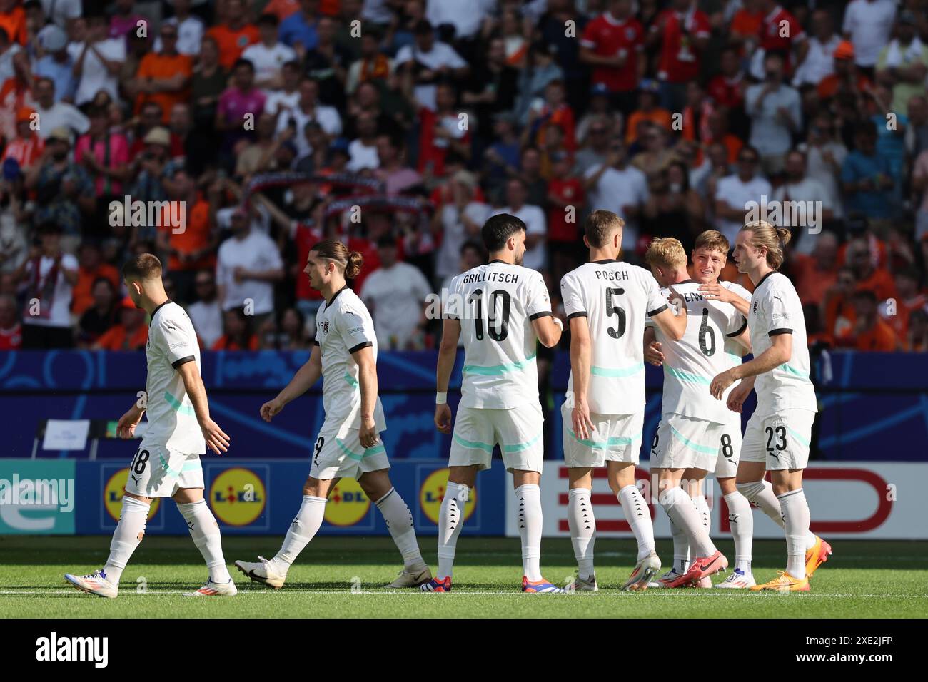 Berlino, Germania, 25, giugno 2024. La Nazionale austriaca celebra il suo primo gol durante la partita tra Paesi Bassi e Austria. UEFA Euro 2024 Germania. Gruppo D.. Crediti: Fabideciria/Alamy Live News Foto Stock