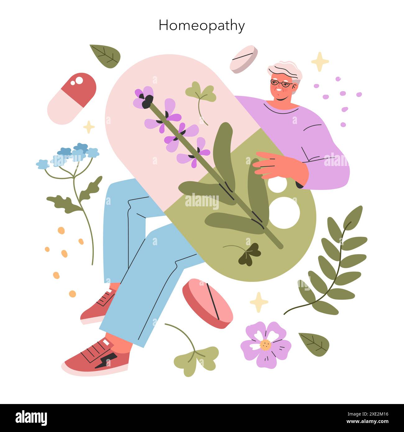 Concetto di medicina alternativa. Illustrazione con la persona circondata da piante che rappresentano l'omeopatia. Erbe curative e rimedi naturali. Illustrazione vettoriale. Illustrazione Vettoriale