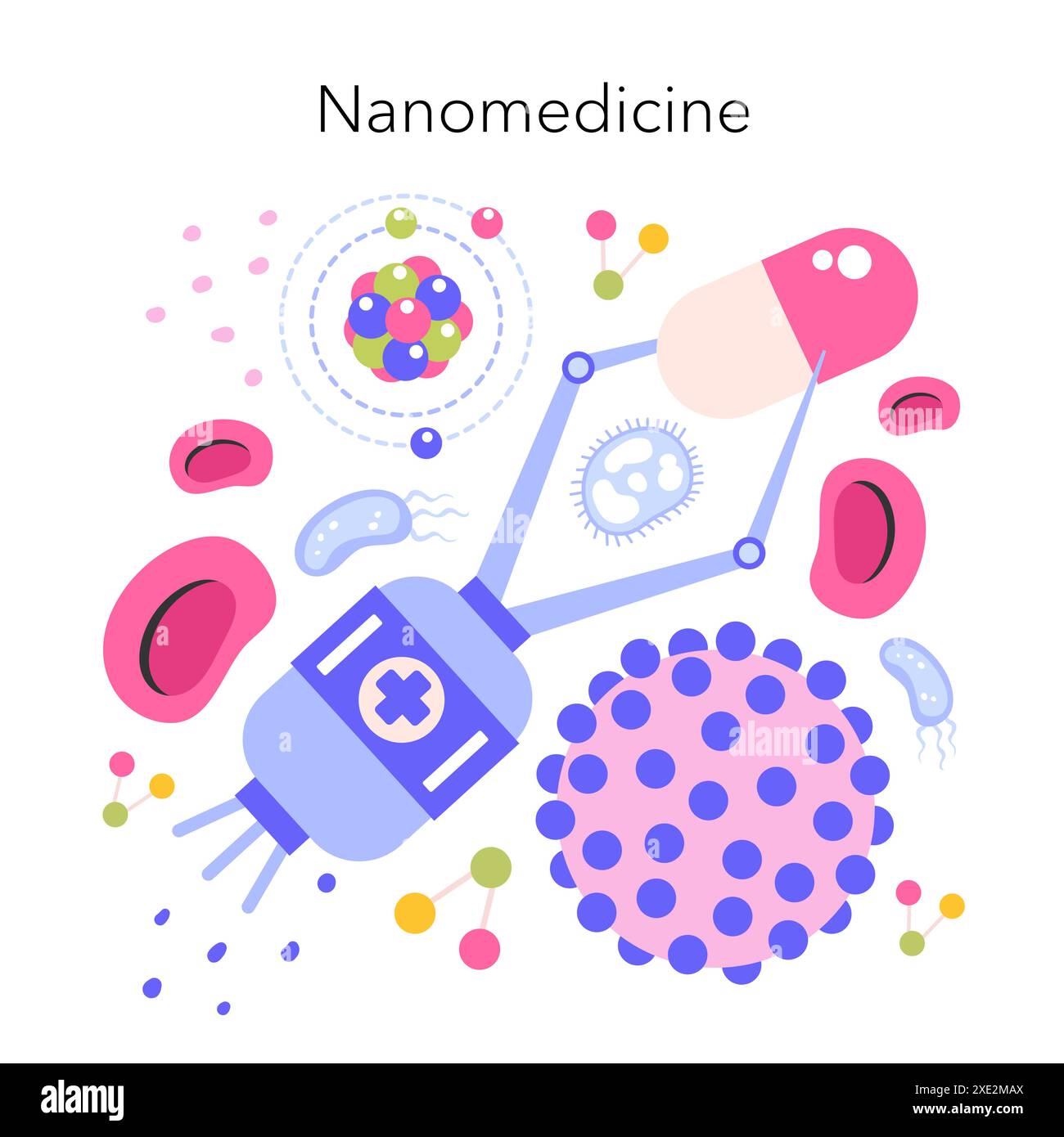 Concetto di nanomedicina. Assistenza sanitaria innovativa con nanotecnologie che trattano le malattie a livello molecolare. Somministrazione di farmaci, terapia mirata. Illustrazione vettoriale. Illustrazione Vettoriale