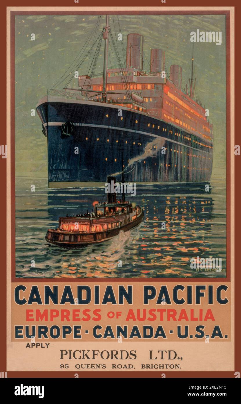 Poster vintage CANADIAN PACIFIC Vintage del 1930 "Empress of Australia" nave a vapore di lusso Ocean Liner con rimorchiatore al crepuscolo. Applicare PICKFORDS Ltd Brighton Regno Unito Foto Stock