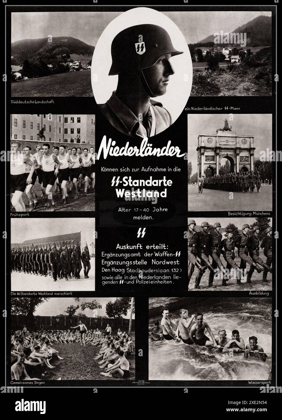 Seconda guerra mondiale 'NEDERLANDER' NAZI WAFFEN SS poster di reclutamento per la SS-Standarte Westland, Nederlands Holland (1940 - 1945) immagini mostrano un attraente stile di vita militare come recluta delle Waffen SS naziste nelle Nederlands 'fotos Hermann Heukels ZWOLLE Foto Stock