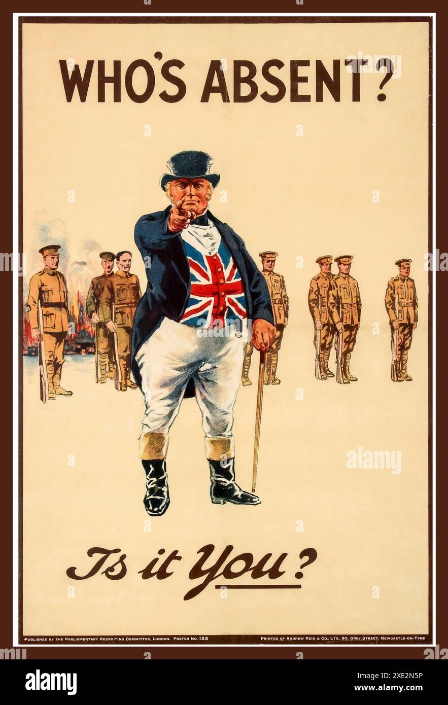 WW1 UK Recruitment Propaganda poster con John Bull che indossa il gilet Union Jack Flag, ponendo la domanda CHI è ASSENTE? Siete voi? Prima guerra mondiale prima guerra mondiale 1914-1918 Foto Stock