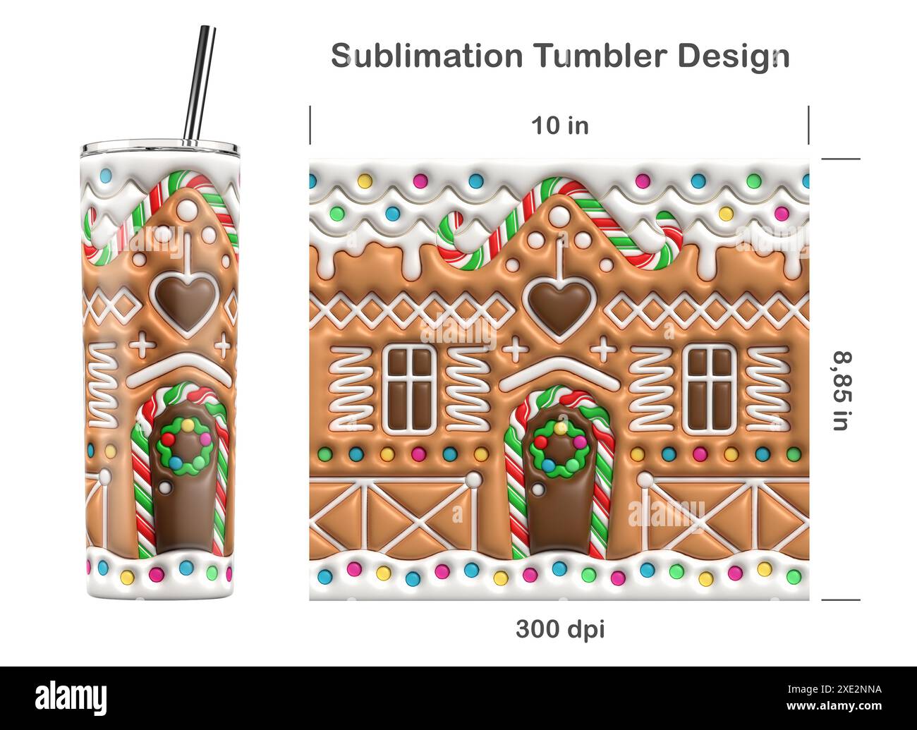 Design a sublimazione a bolle gonfiate in 3D per la casa dei biscotti natalizi per un bicchiere magro da 20 once. Illustrazione della sublimazione. Senza cuciture da bordo a bordo. Foto Stock