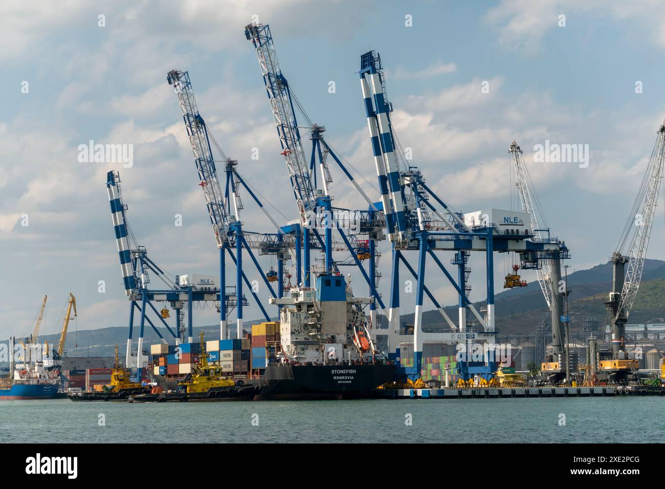 Novorossiysk, Russia 08.18.2023. Gru portuali, Mar Nero, porto, territorio di Krasnodar, Novorossiys Foto Stock