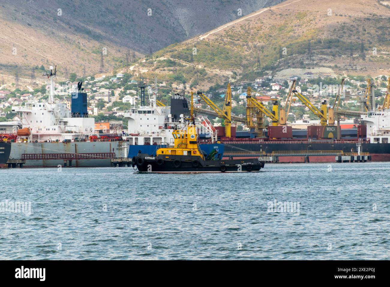 Novorossiysk, Russia 08.18.2023. Gru portuali, Mar Nero, porto, territorio di Krasnodar, Novorossiys Foto Stock
