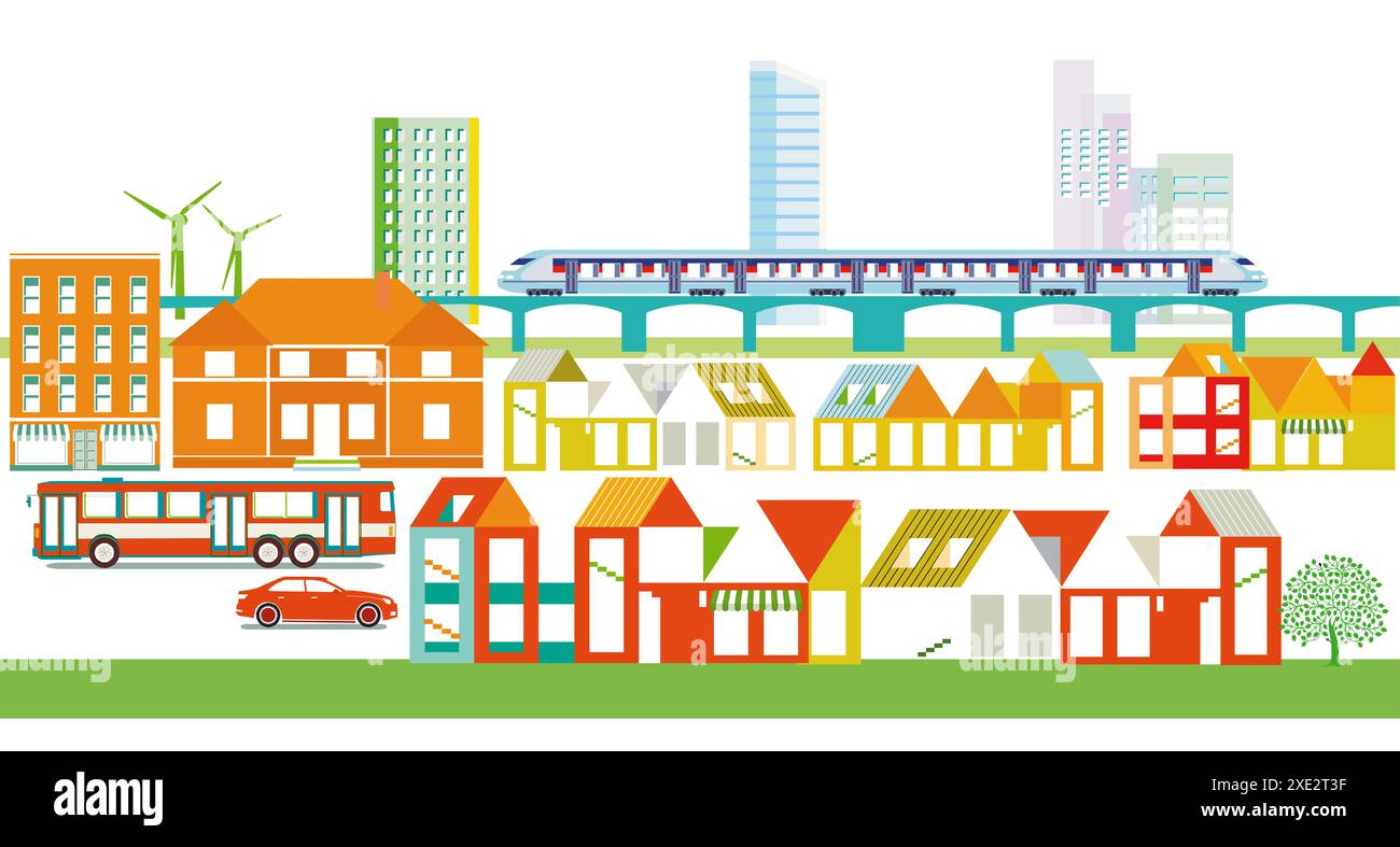 Profilo urbano di una città con traffico stradale e ferroviario, illustrazione Foto Stock