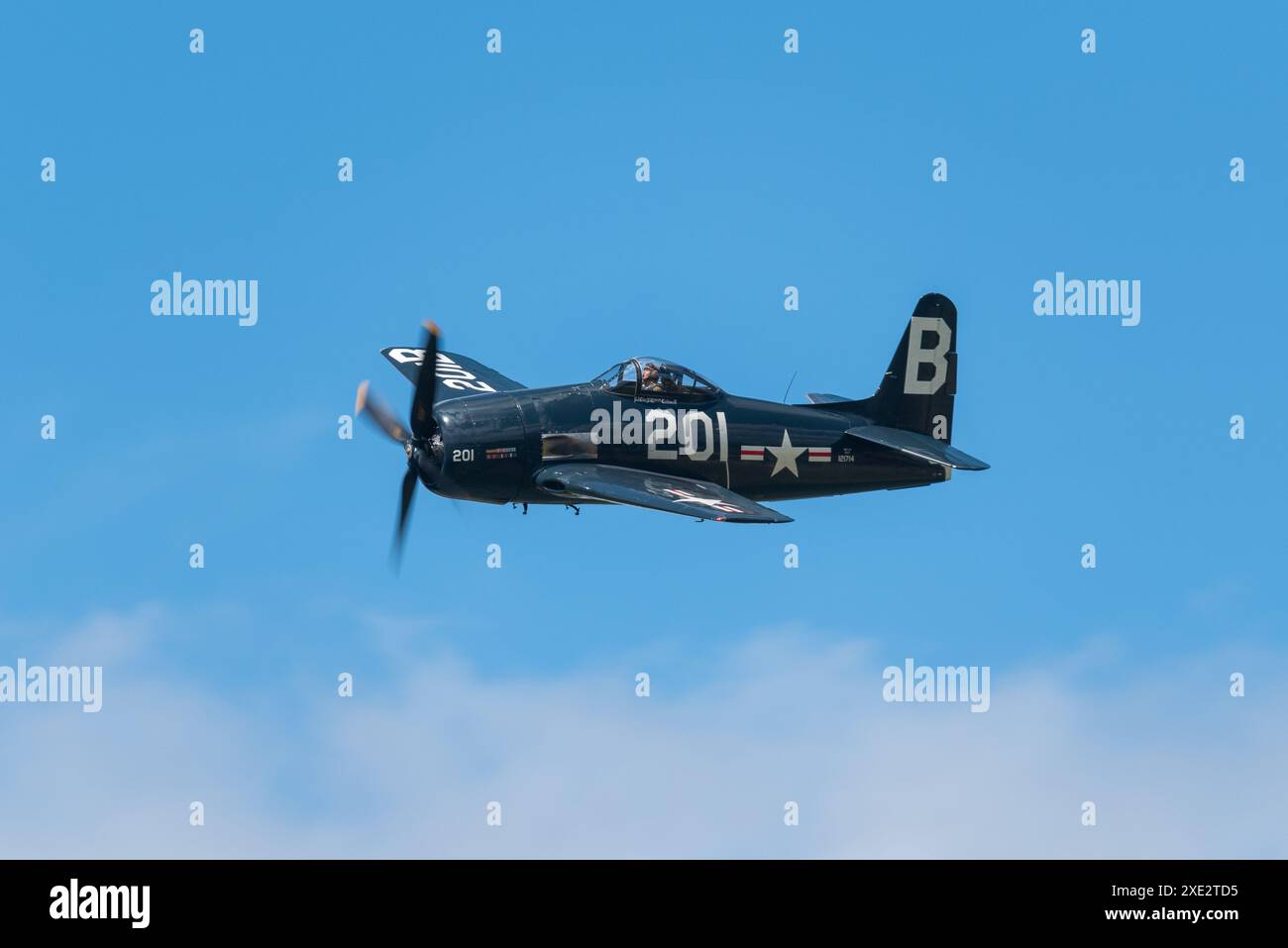 Grumman F8F Bearcat G-RUMM vola al Sywell Airshow 2024 nel Northamptonshire, Regno Unito. Aereo da caccia della Marina degli Stati Uniti della seconda guerra mondiale Foto Stock