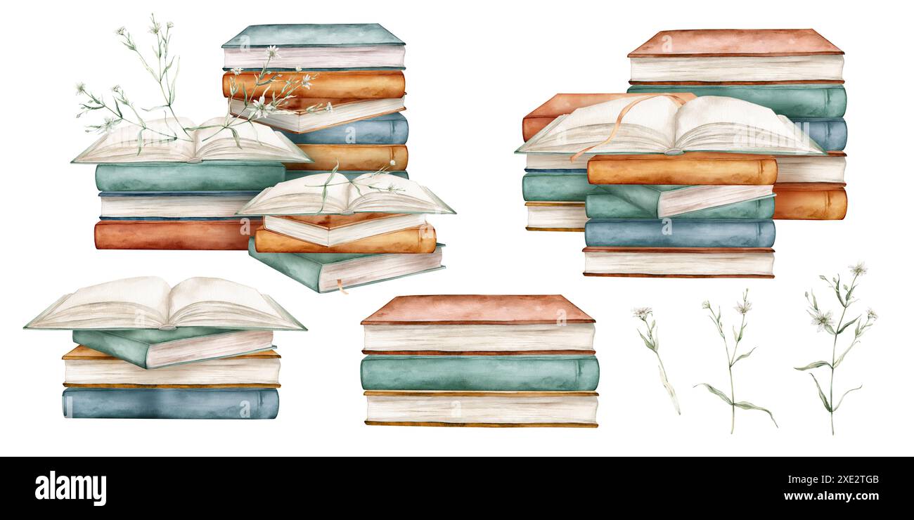 Set di libri con piante e fiori bianchi acquerello illustrazione disegnata a mano isolata sullo sfondo. Aprire e impilare i libri color marrone verde Foto Stock