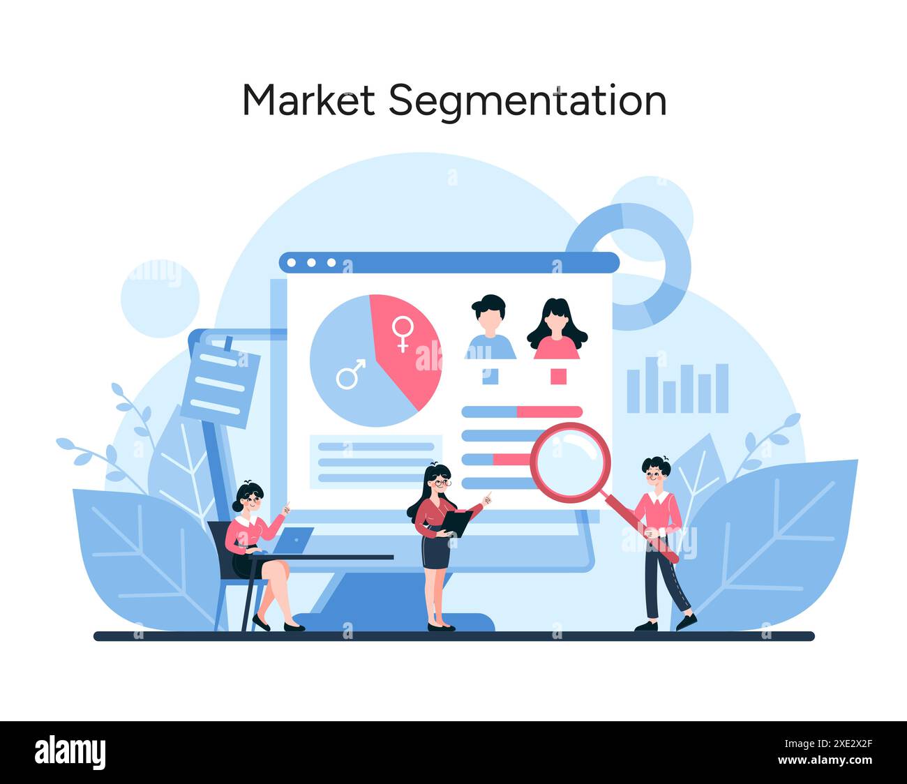 Concetto di segmentazione del mercato. Scena analitica con professionisti che valutano i dati demografici, i comportamenti e le preferenze dei consumatori. Segmentazione per sesso. Illustrazione vettoriale Illustrazione Vettoriale