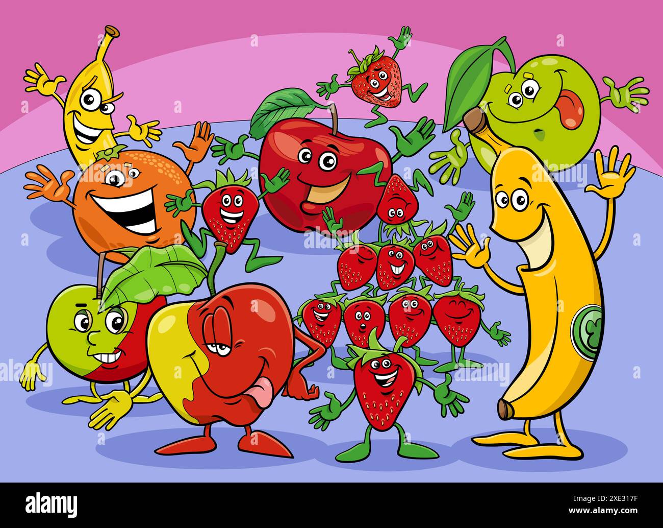 Cartoon Happy Fresh Fruit, gruppo di personaggi a fumetti Foto Stock