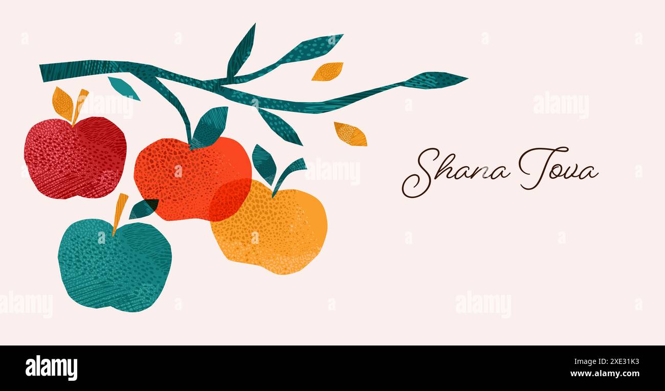Rosh Hashanah, Rosh Hashana, Capodanno ebraico. Illustrazioni disegnate a mano, design vettoriale. Mele e melograno, simboli e icone del Capodanno ebraico Illustrazione Vettoriale