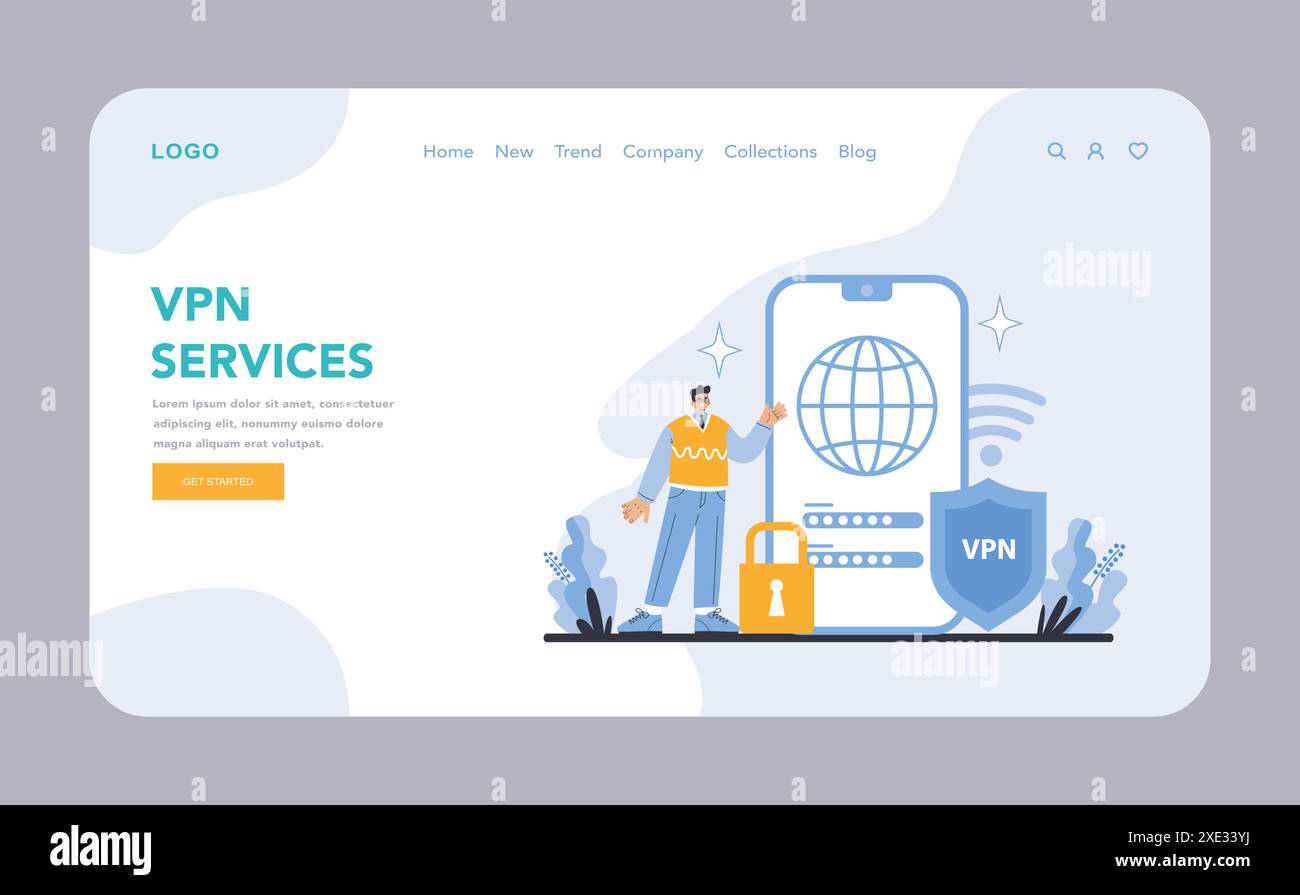Pagina Web o pagina di destinazione dei servizi VPN. Garantire una navigazione online sicura e crittografata e proteggere la privacy degli utenti su reti globali. Strumenti essenziali per la sicurezza informatica visualizzati. Illustrazione vettoriale piatta. Illustrazione Vettoriale