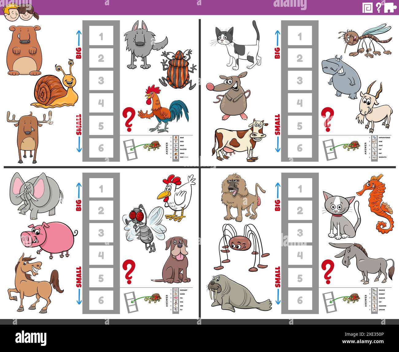 Giochi educativi con animali cartoni animati grandi e piccoli Foto Stock