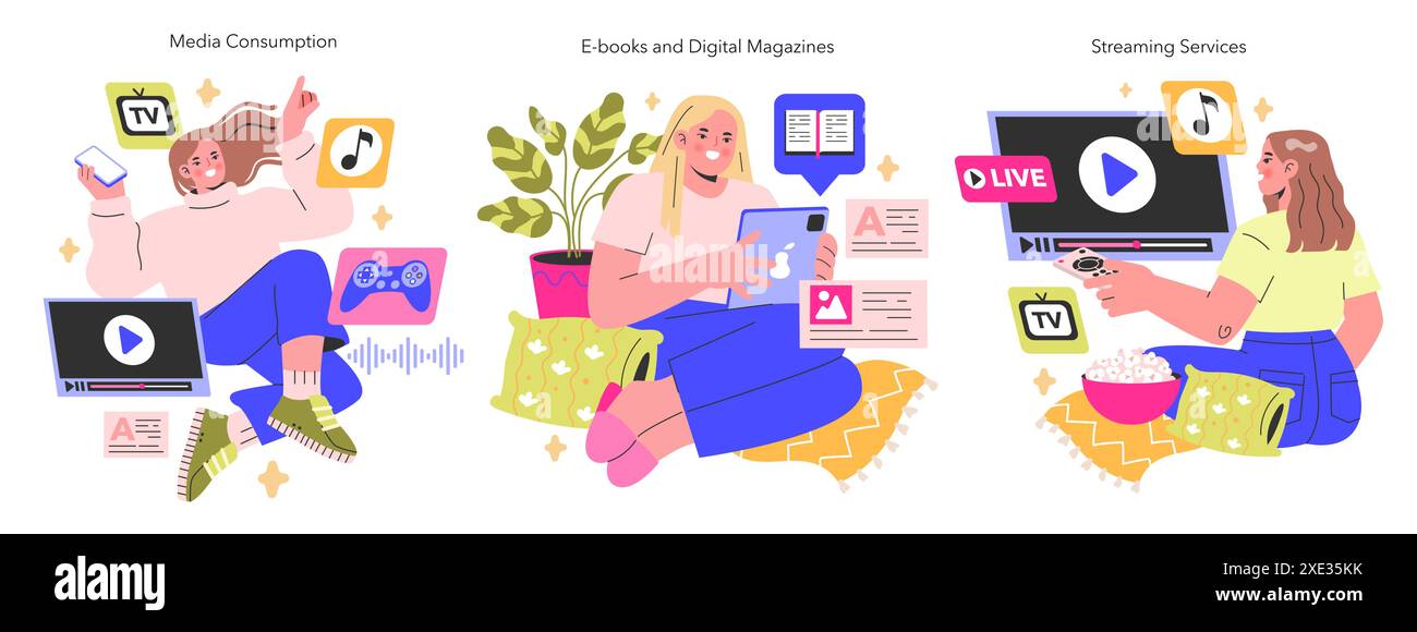 Trio di consumo di contenuti multimediali immersione nella lettura digitale, nei servizi di live streaming e nell'intrattenimento on-demand integrazione perfetta della tecnologia e dell'illustrazione vettoriale della vita quotidiana Illustrazione Vettoriale