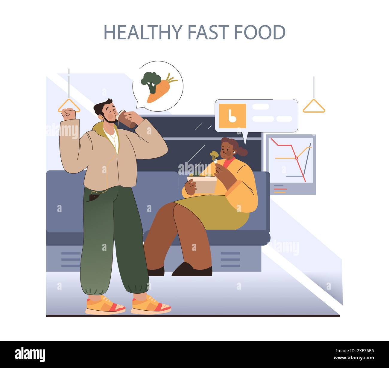 Concetto di stile di vita in movimento. Individui moderni che assaporano rapidamente pasti nutrienti. La ristorazione veloce urbana si evolve con le tendenze della salute. Illustrazione Vettoriale