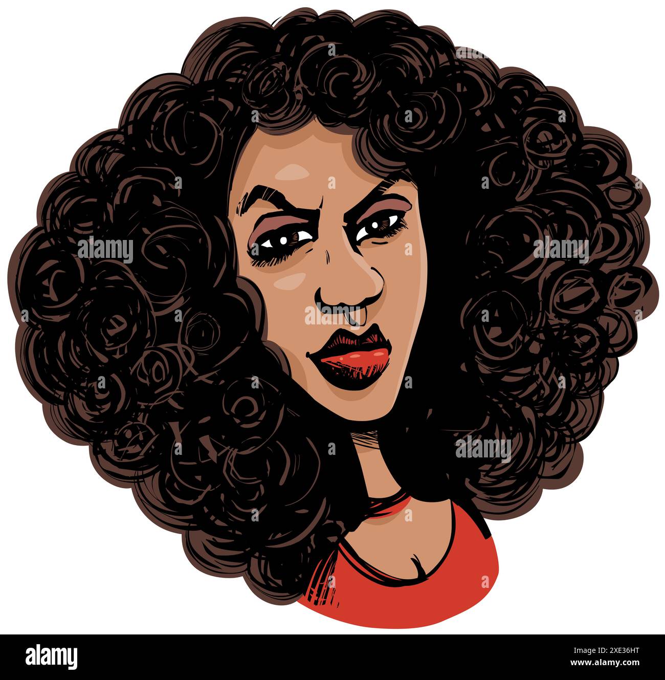 Donna con capelli ricci che disegnano un'illustrazione Foto Stock