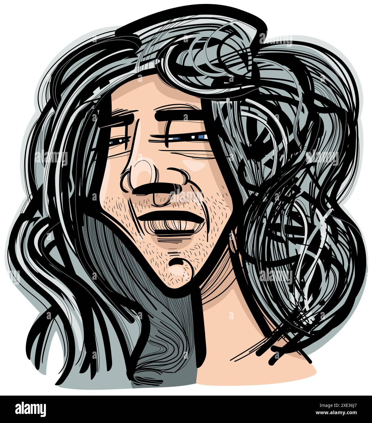 Giovane uomo con capelli lunghi caricatura disegno illustrazione Foto Stock