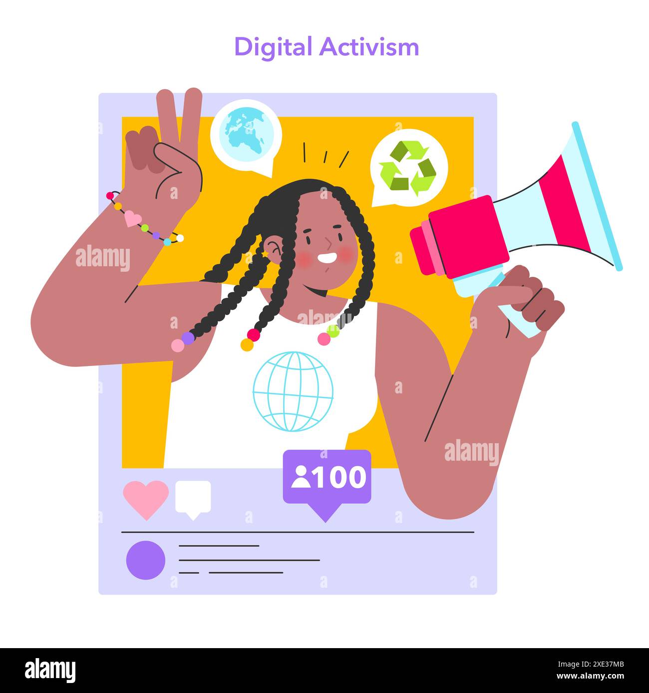 Concetto di attivismo digitale. Una persona impegnata in cause sociali online, promuovendo la sostenibilità e la consapevolezza globale. Influenza dei social media ed ecoattivismo. Illustrazione vettoriale. Illustrazione Vettoriale