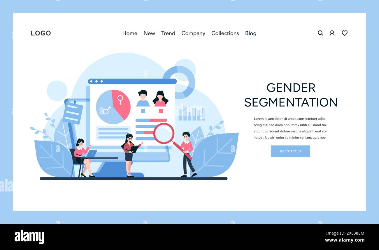 Concetto di segmentazione del mercato. Scena analitica con professionisti che valutano i dati demografici, i comportamenti e le preferenze dei consumatori. Segmentazione per sesso. Illustrazione vettoriale Illustrazione Vettoriale