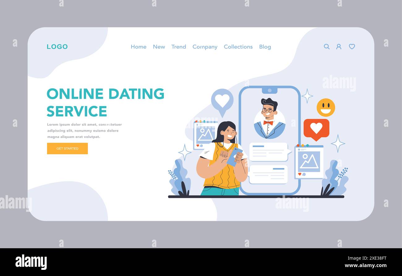 Sito Web o pagina di destinazione del servizio di incontri online. Incontri virtuali e connessioni romantiche. Esplorare le relazioni nell'era digitale. Illustrazione vettoriale piatta. Illustrazione Vettoriale