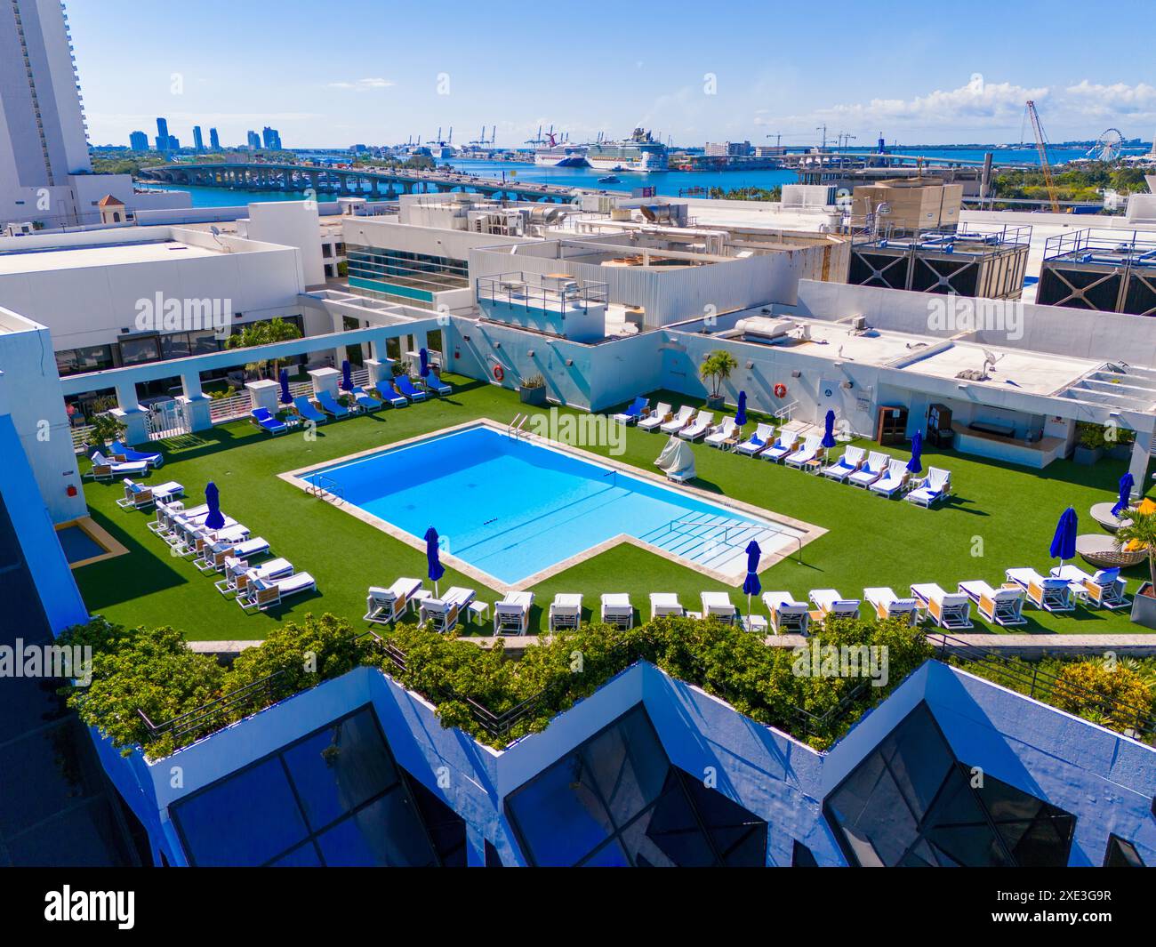 Miami, FL, Stati Uniti d'America - 23 maggio 2024: Foto aerea Hilton Hotel Miami Edgewater Foto Stock