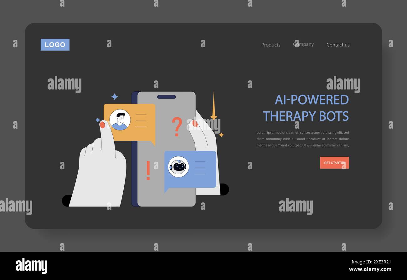 Concetto di bot terapeutici potenziati DALL'INTELLIGENZA ARTIFICIALE. Un'illustrazione che mostra l'assistenza digitale per la salute mentale attraverso la tecnologia intelligente. Interazione con la terapia online. Illustrazione vettoriale. Illustrazione Vettoriale