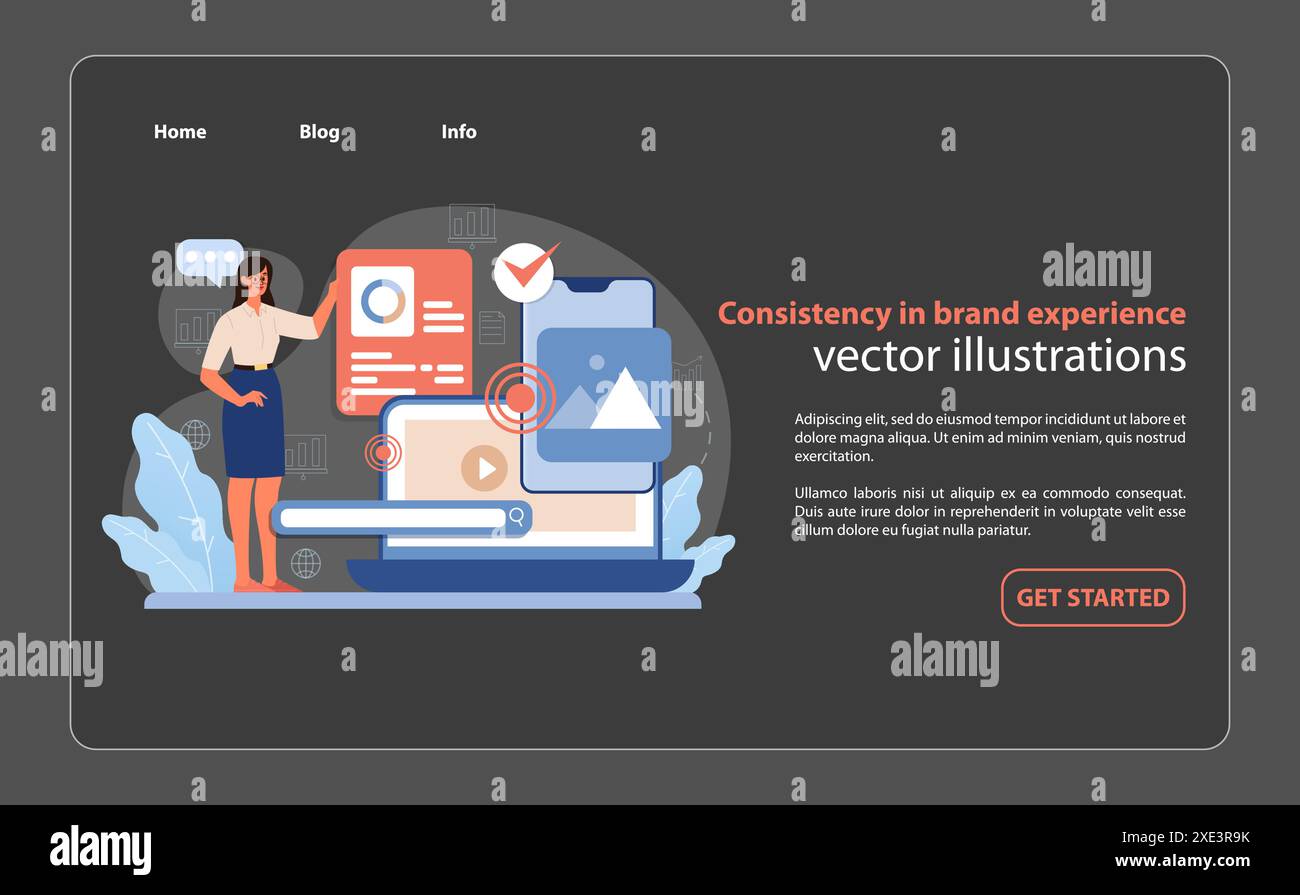 Esperienza di coerenza del marchio. Una rappresentazione illustrativa del mantenimento dell'uniformità tra i punti di contatto del marchio per garantire un percorso del cliente affidabile. Illustrazione vettoriale piatta. Illustrazione Vettoriale