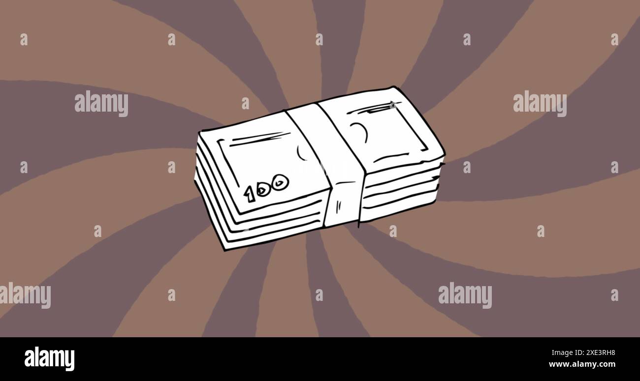 Immagine del disegno di un pacchetto di dollari su Sunburst su sfondo viola Foto Stock