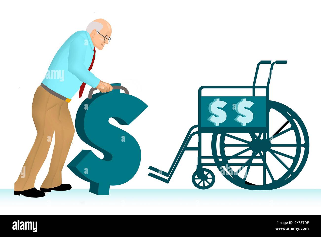 Un uomo anziano usa un simbolo del dollaro come camminatore mentre si dirige verso una sedia a rotelle in un'illustrazione in 3D sul costo dell'assistenza sanitaria per gli anziani. Foto Stock