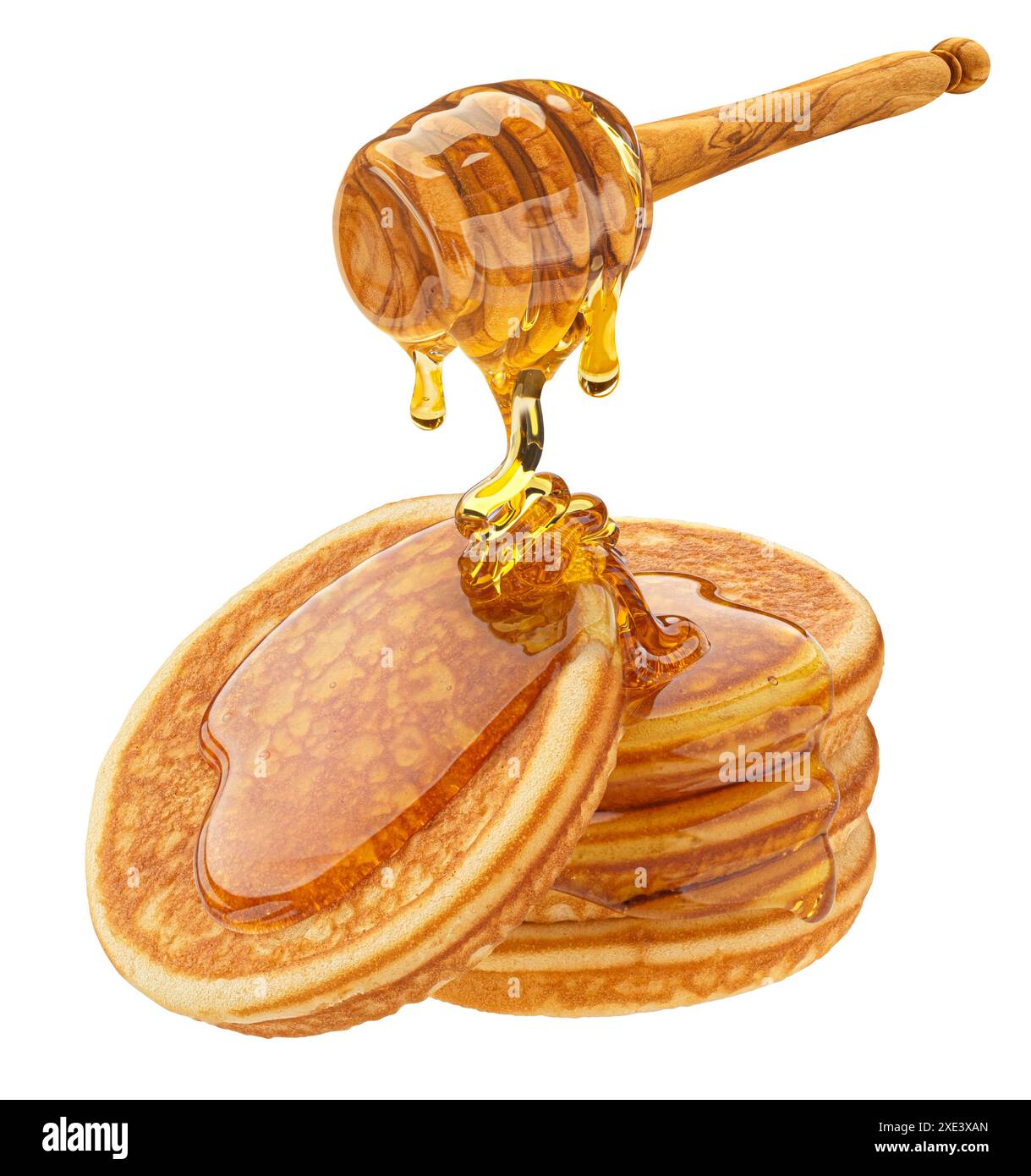 Pila di pancake con miele che gocciola isolato su sfondo bianco Foto Stock